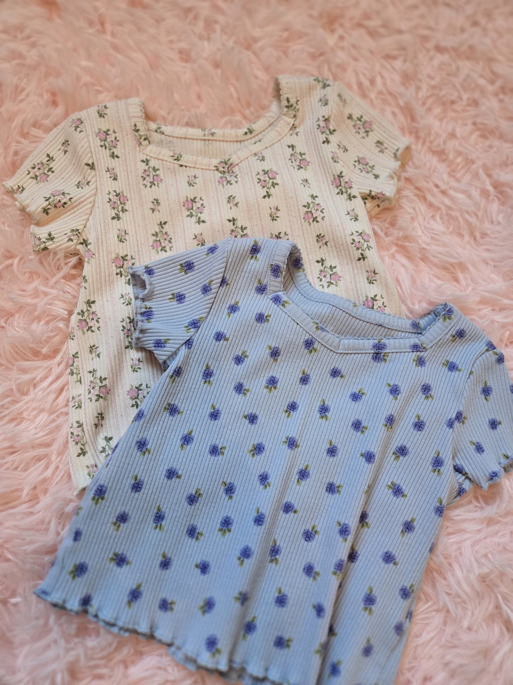 Floral Ribbed Short Sleeve Tops - Blue & Cream